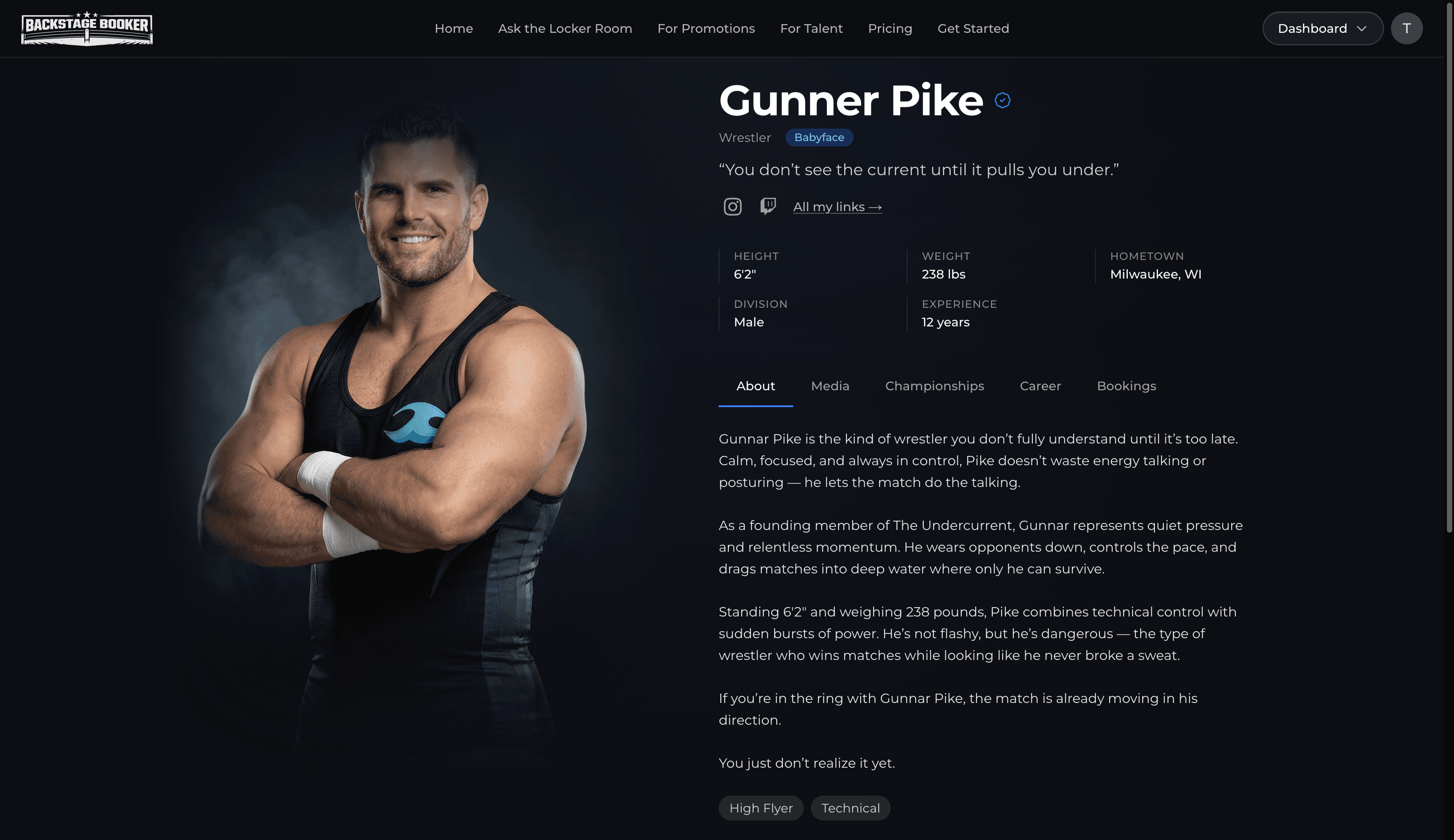 Public talent profile on Backstage Booker — stats, bio, and media tabs