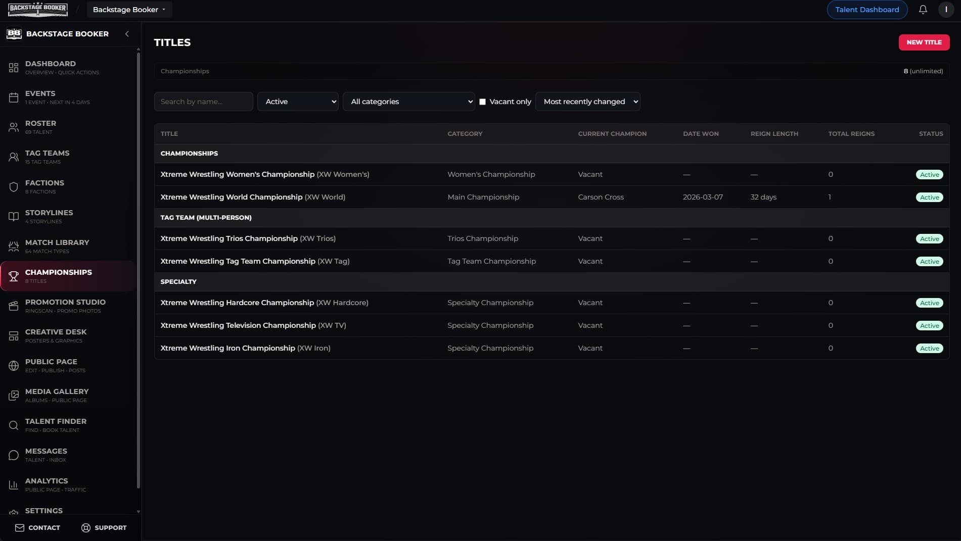 Championships and titles — belts, reigns, and current champions