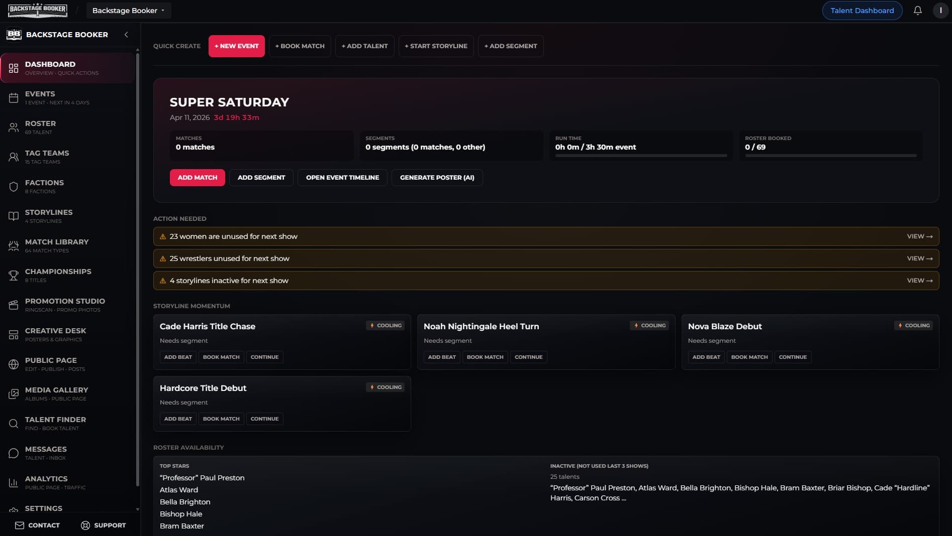 Promotion dashboard in Backstage Booker — next event, storyline momentum, and roster snapshot