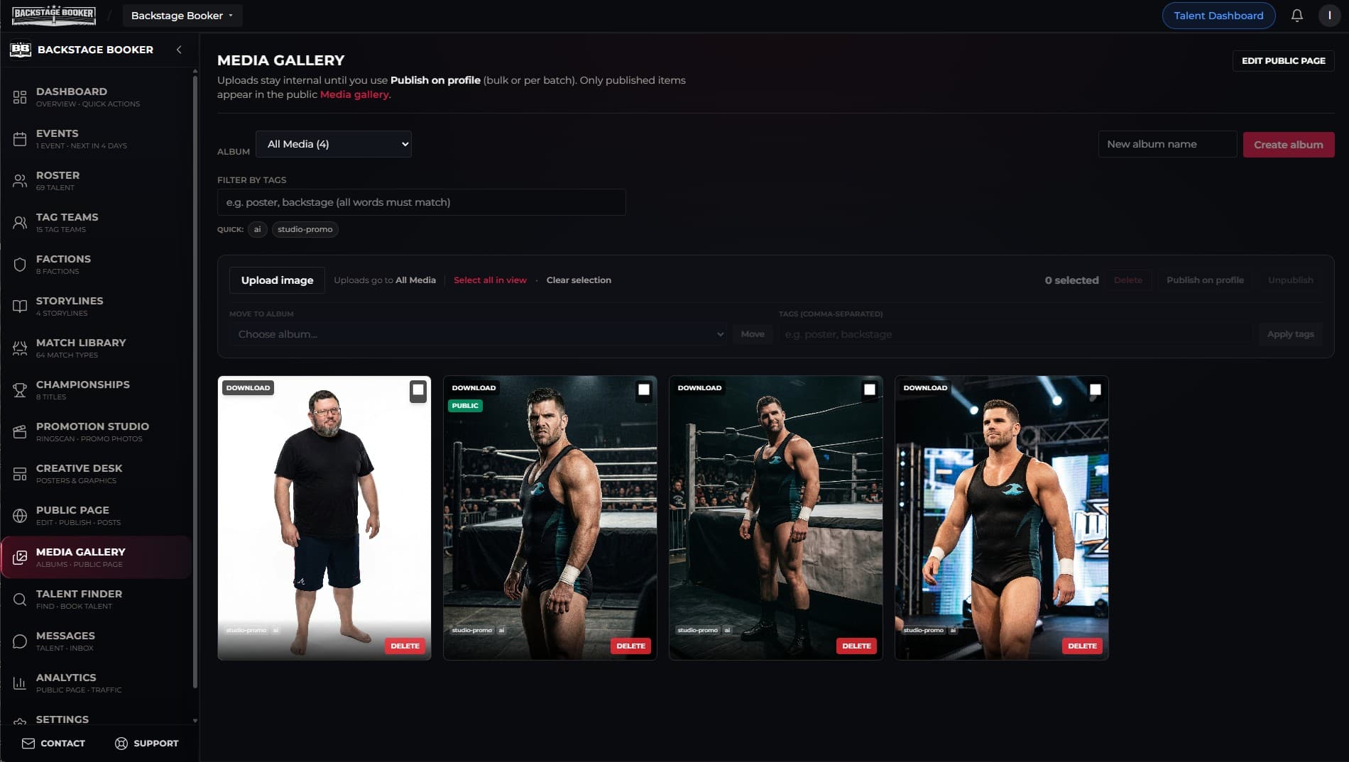 Media gallery — albums, uploads, and publish to public profile
