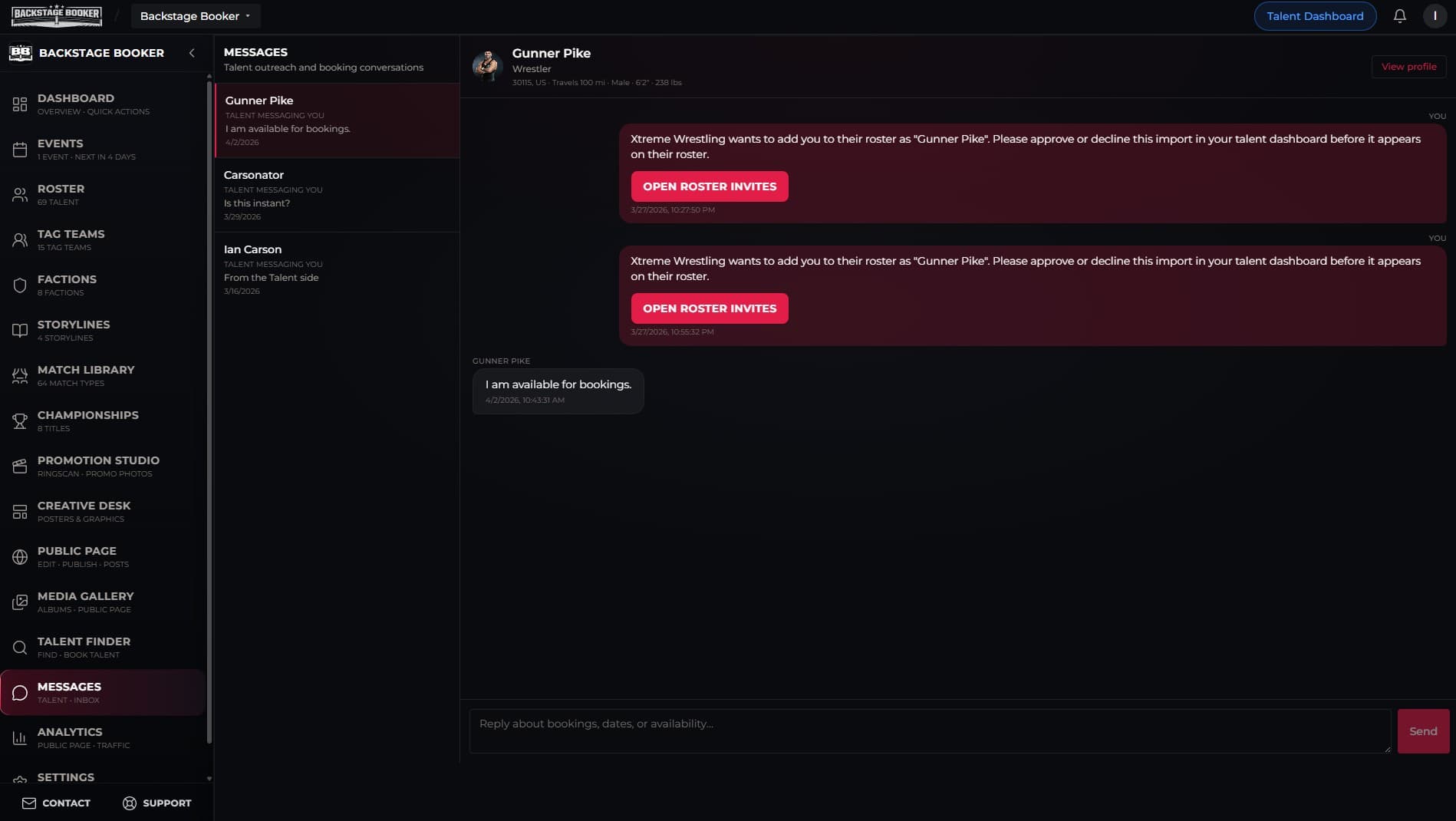 Messages — promotion inbox with talent conversations