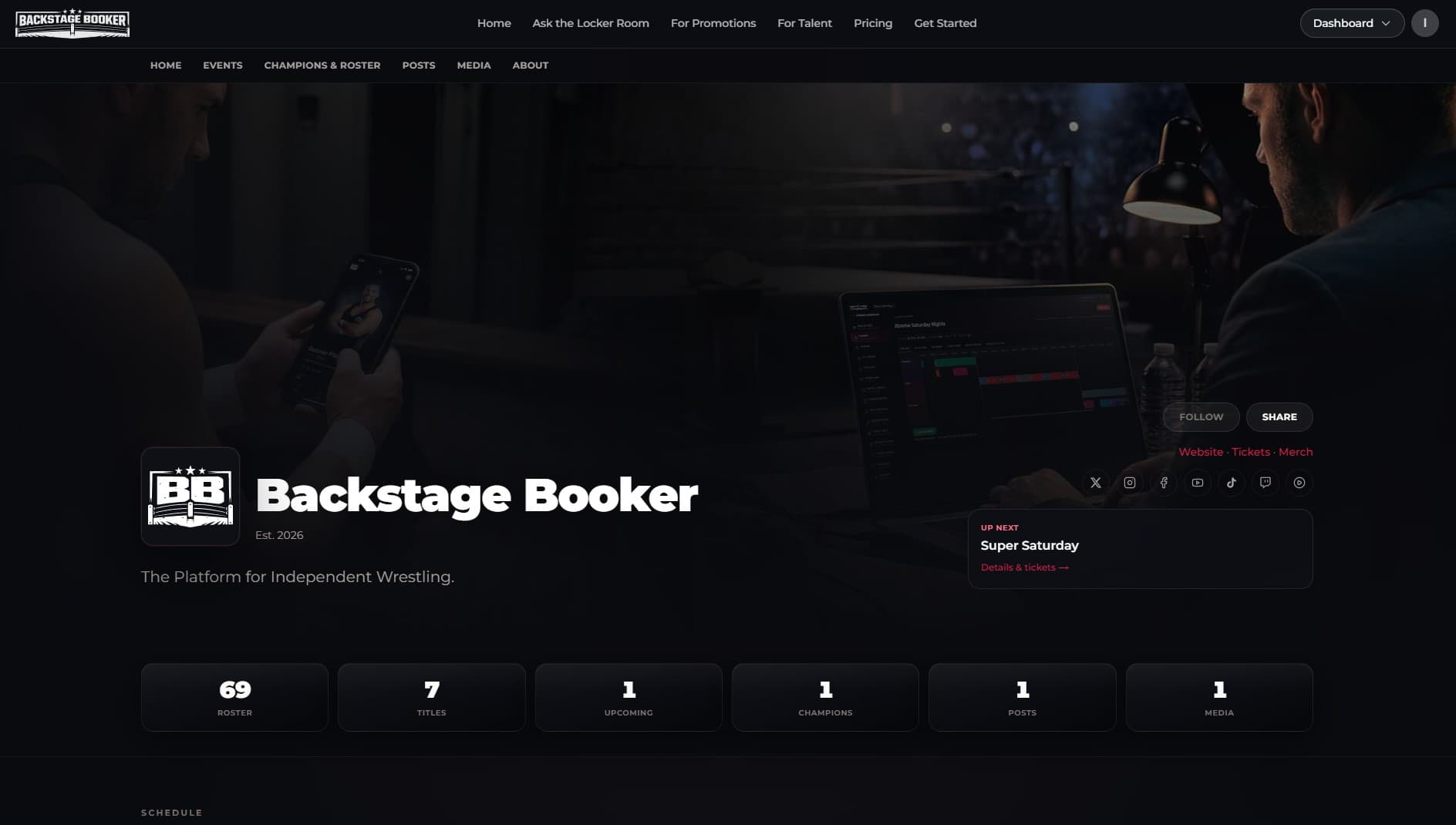 Public promotion page — branding, stats, schedule, and social links