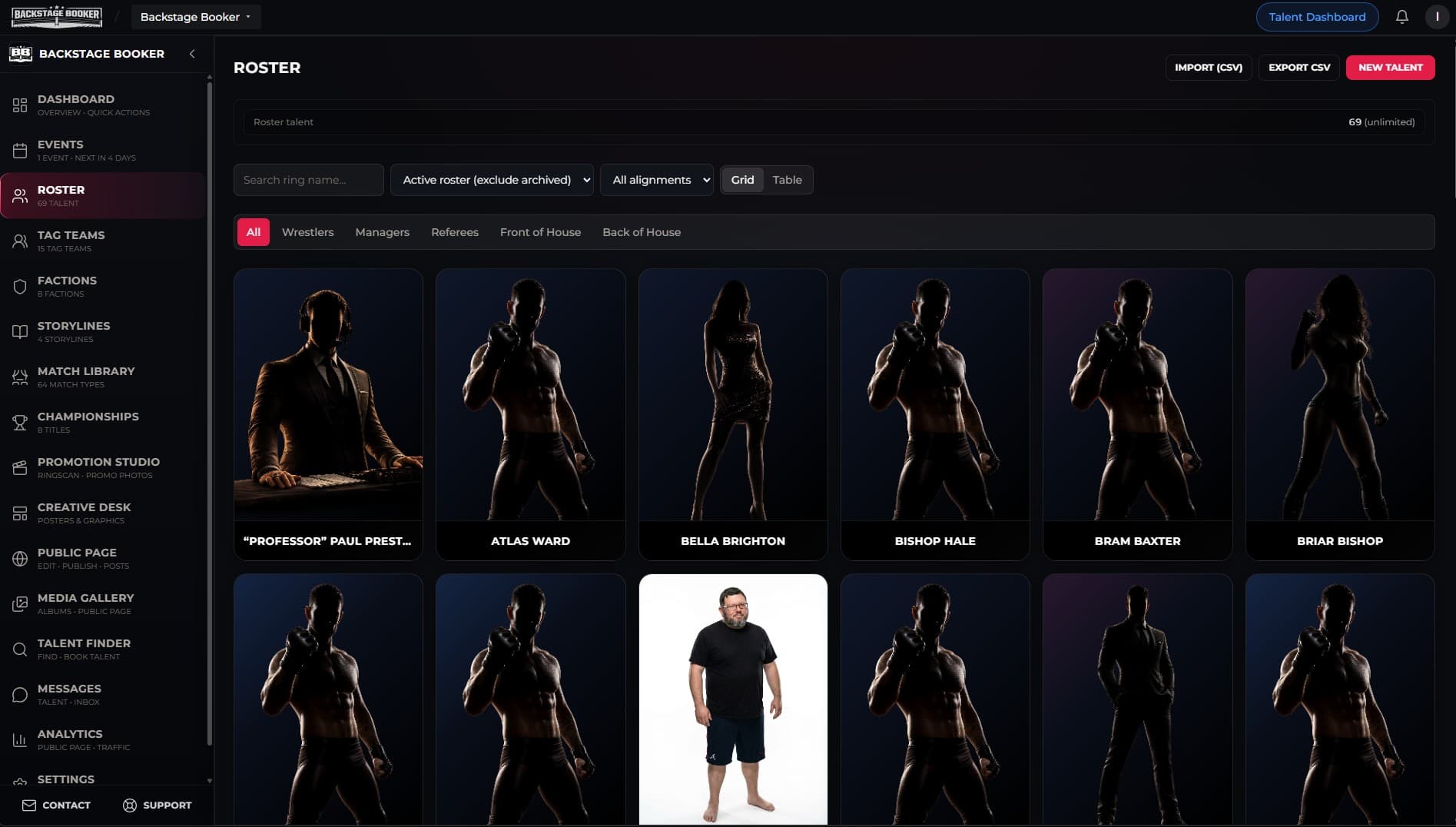 Promotion roster — grid view with search and talent cards