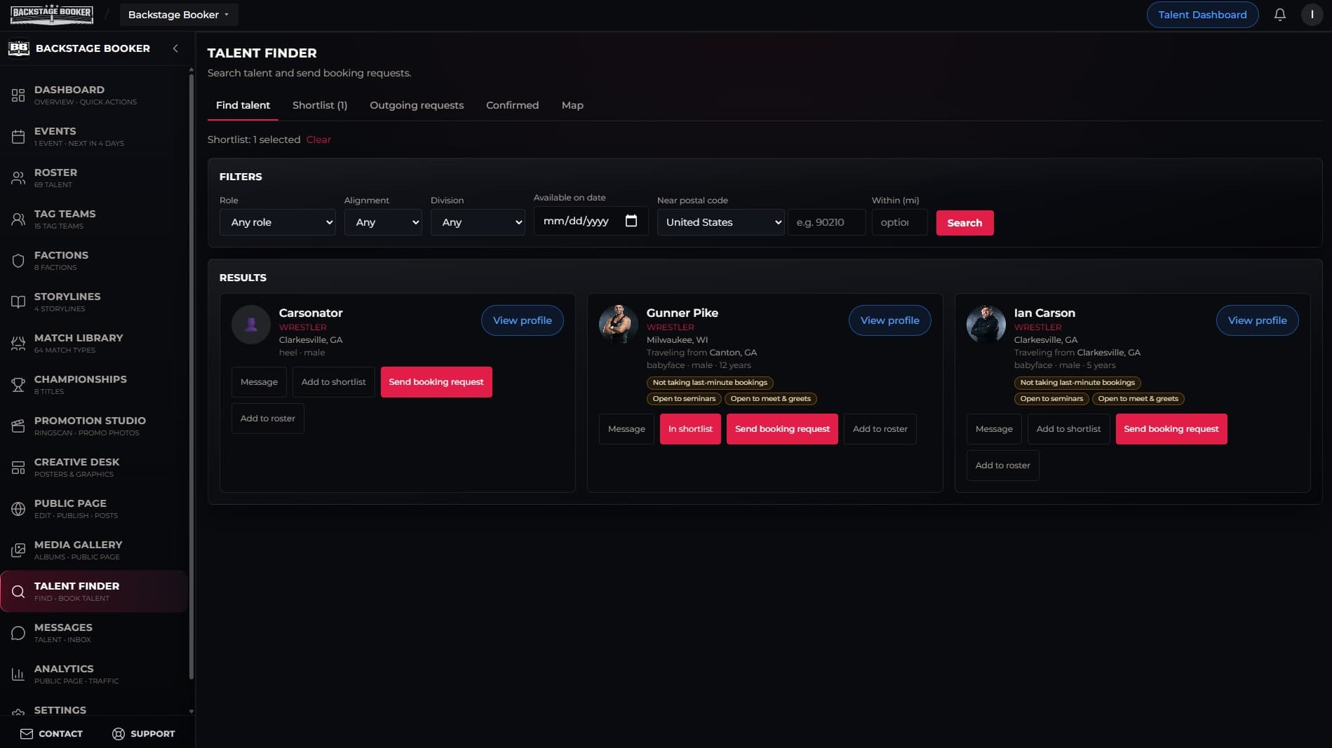 Talent Finder — search, filters, and talent cards with booking actions