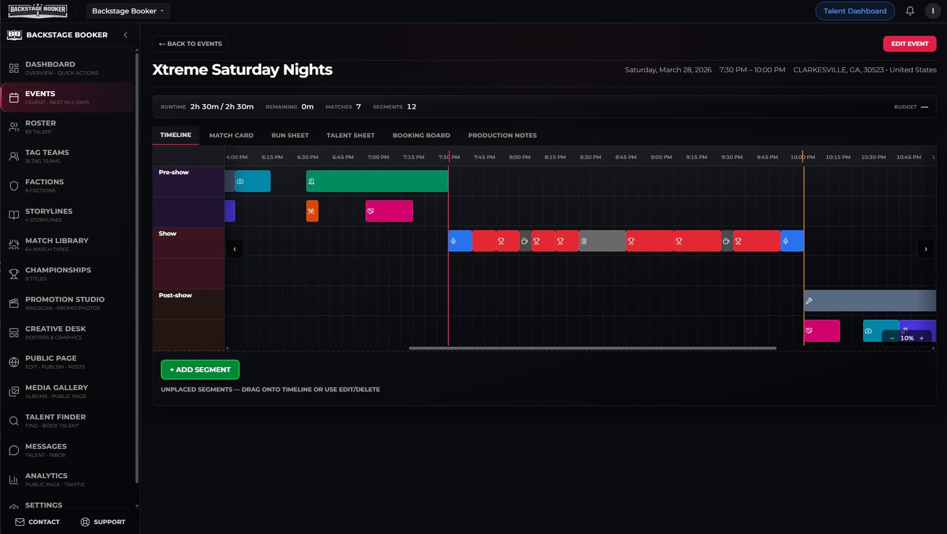 Event timeline — run of show with segments, matches, and production blocks