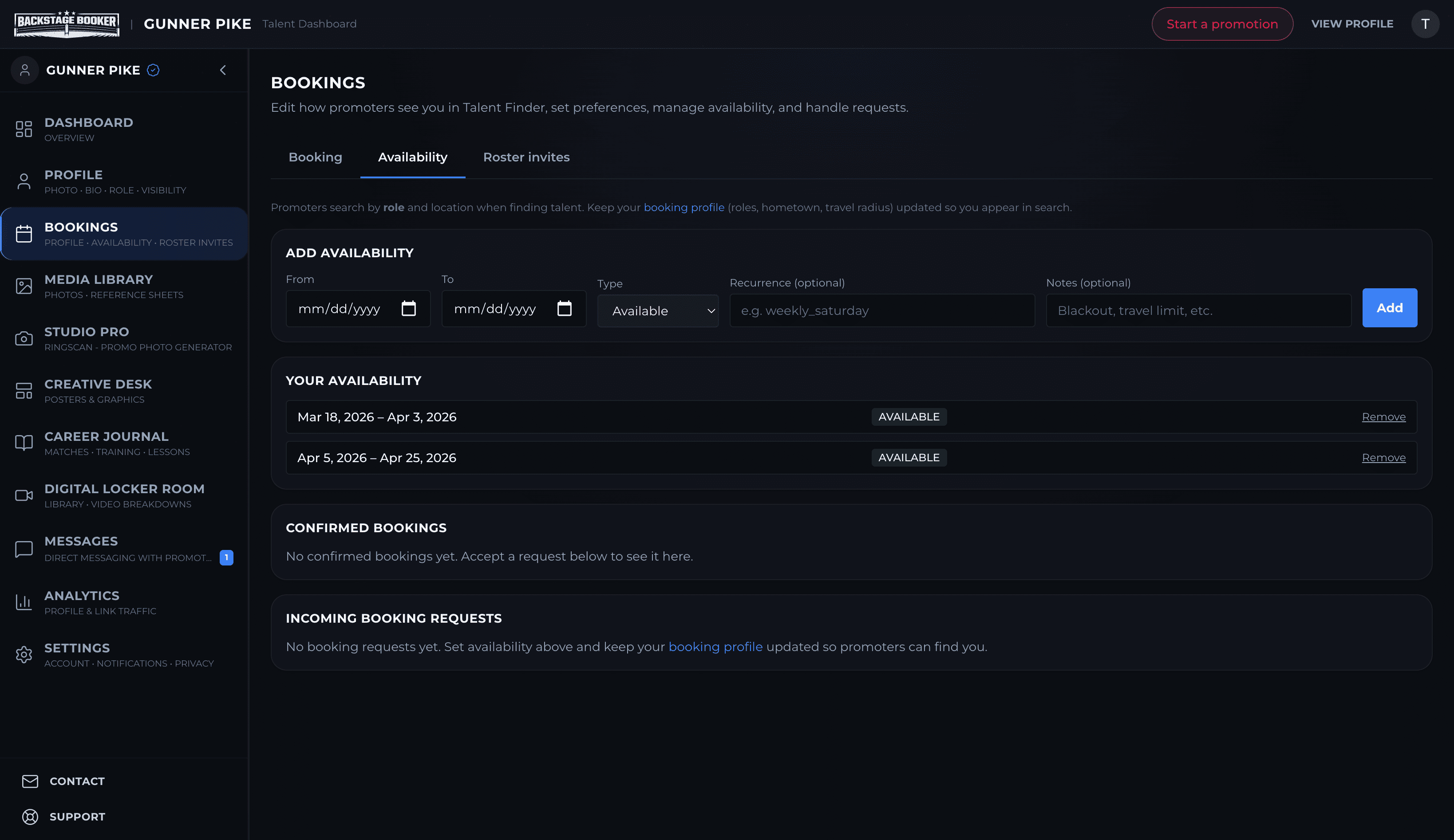 Talent bookings — availability, confirmed dates, and requests
