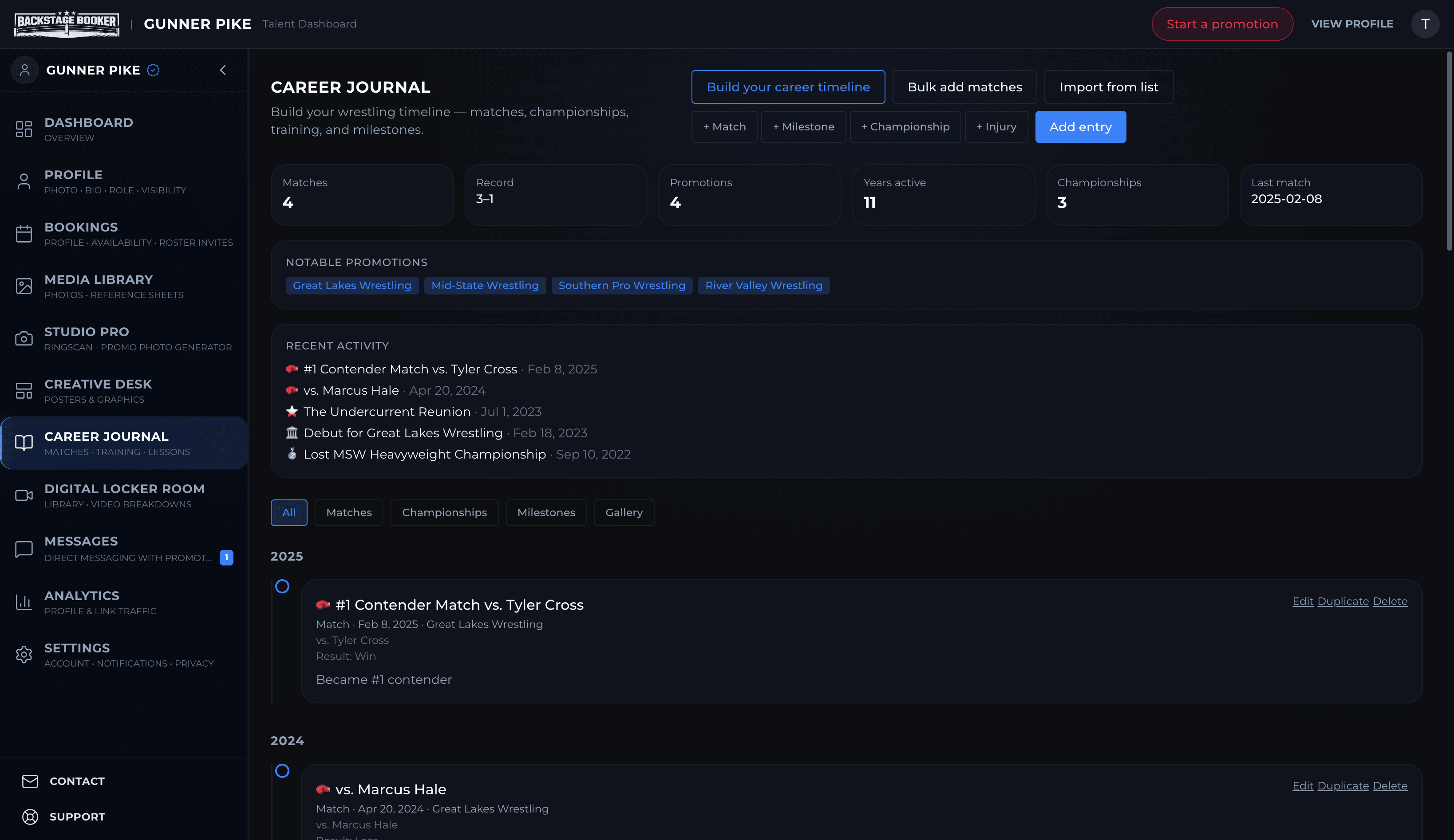 Career Journal — matches, milestones, and timeline