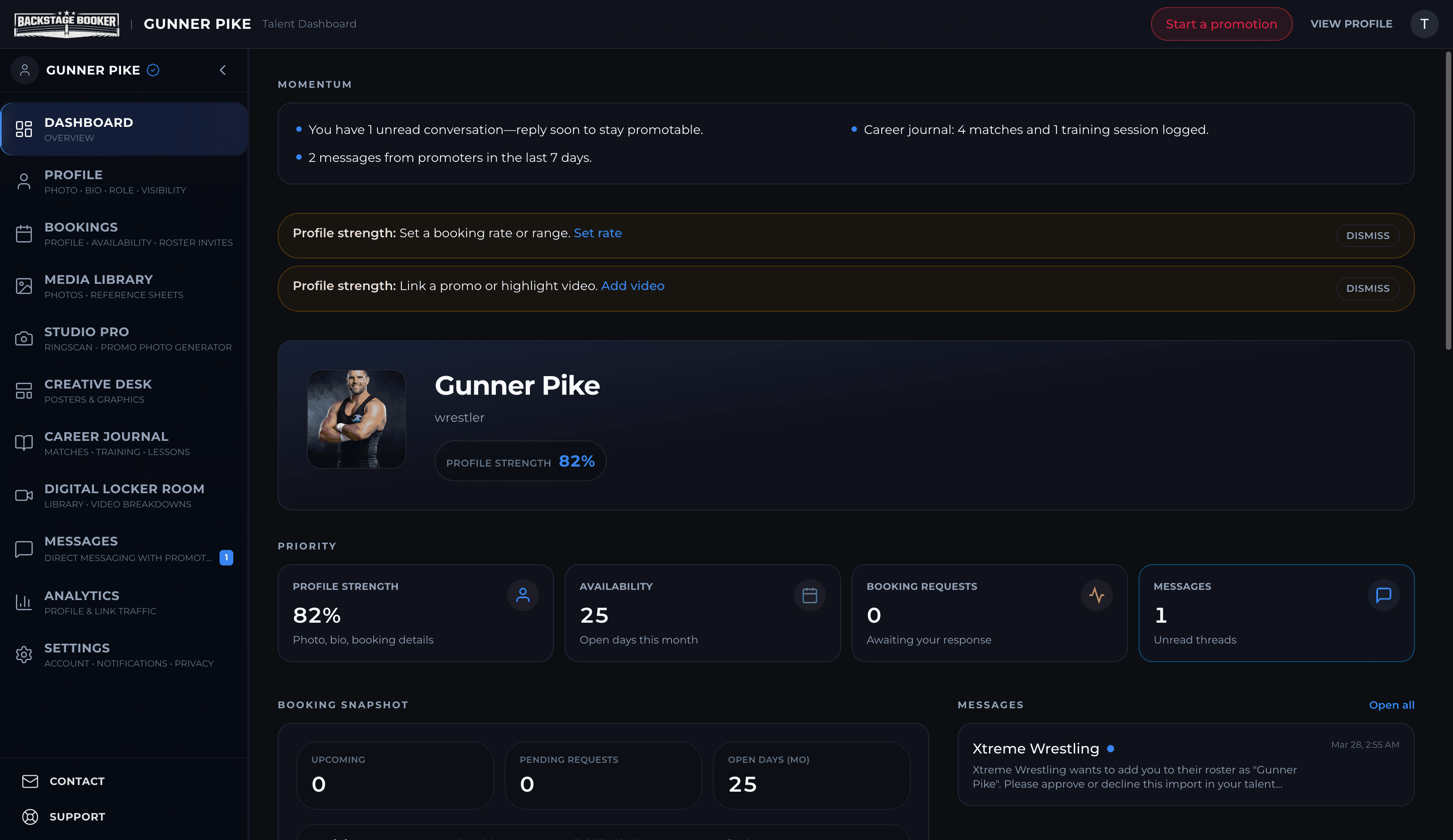 Talent dashboard in Backstage Booker