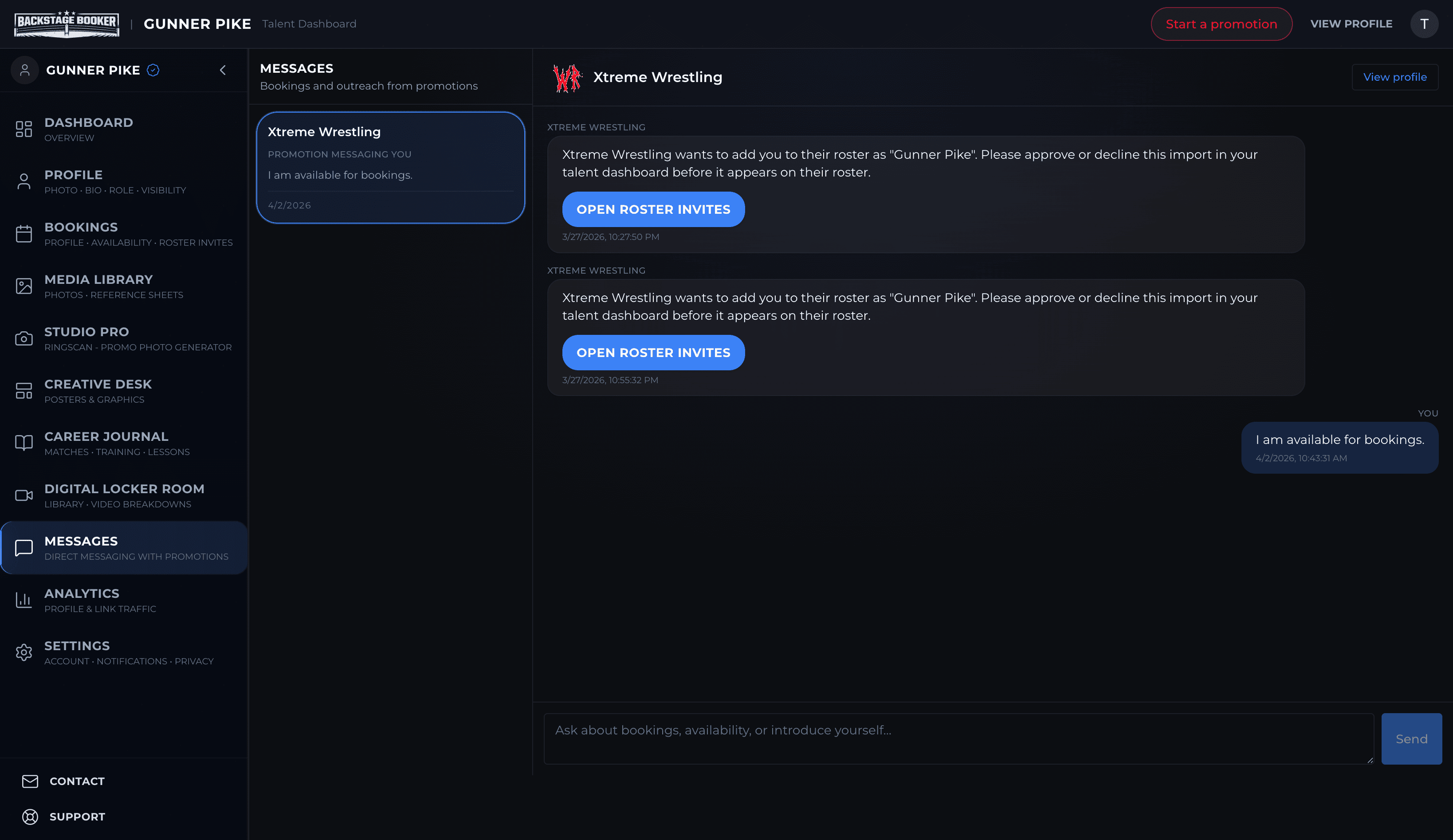 Messages with promotions in Backstage Booker